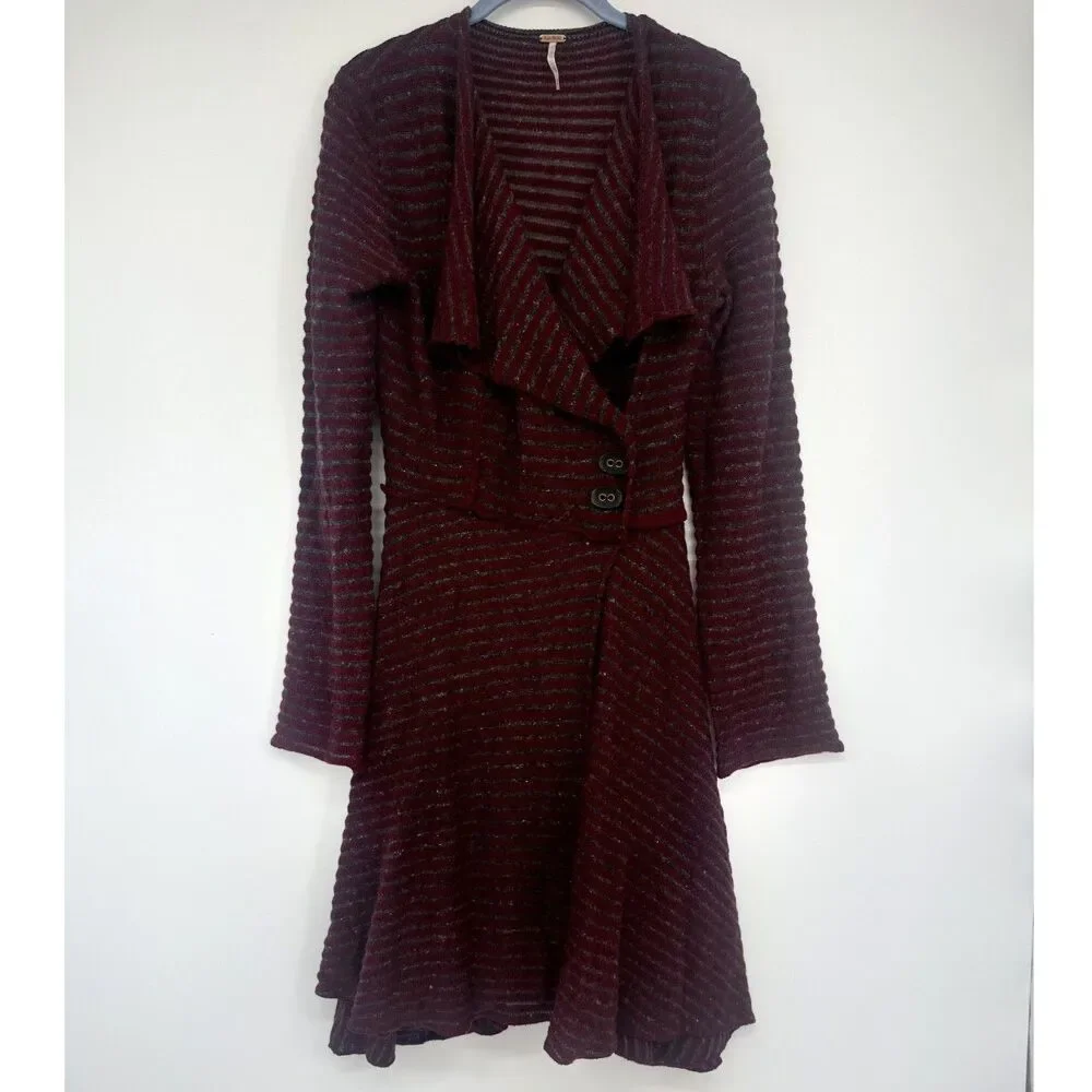 Free People Long Red Stripped Duster Cardigan Size M
